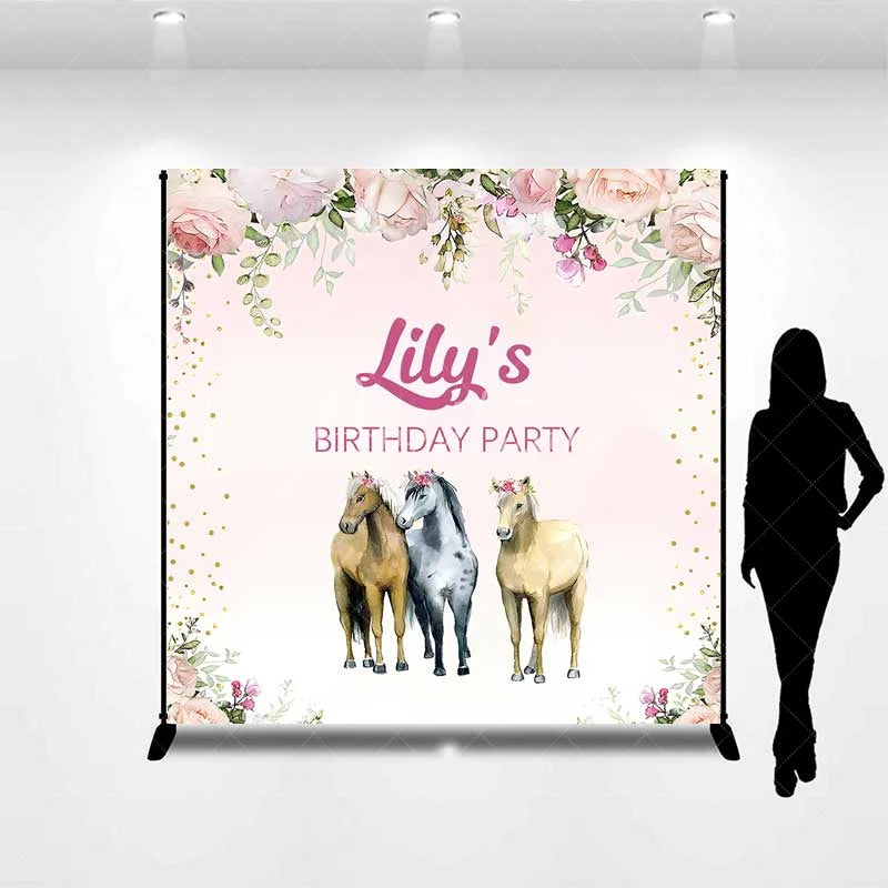 Aperturee - Aperturee Custom Birthday Backdrop Pink Floral Horse Farm Animals Photography Background