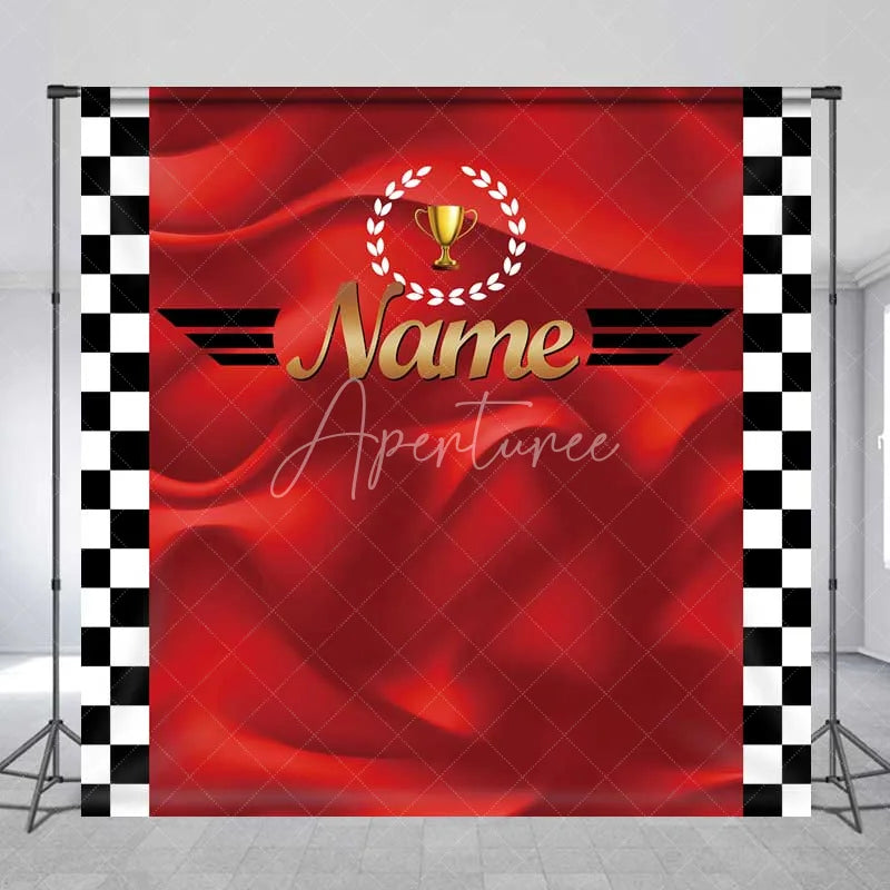 Aperturee - Aperturee Custom Birthday Backdrop Race Car Trophy Red Satin Checkered Flag Personalized Party Background