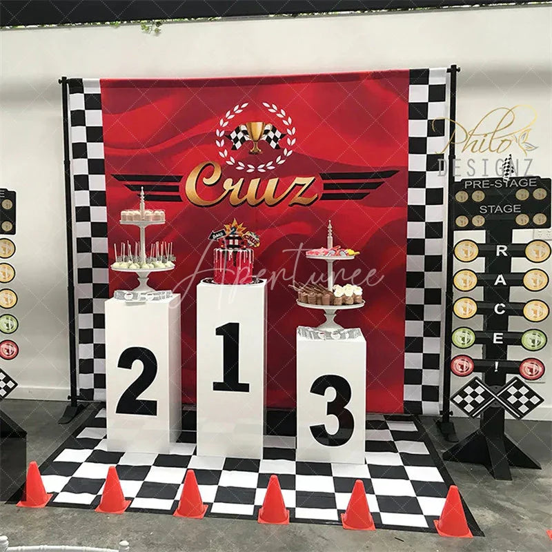 Aperturee - Aperturee Custom Birthday Backdrop Race Car Trophy Red Satin Checkered Flag Personalized Party Background