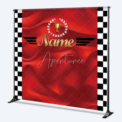 Aperturee - Aperturee Custom Birthday Backdrop Race Car Trophy Red Satin Checkered Flag Personalized Party Background