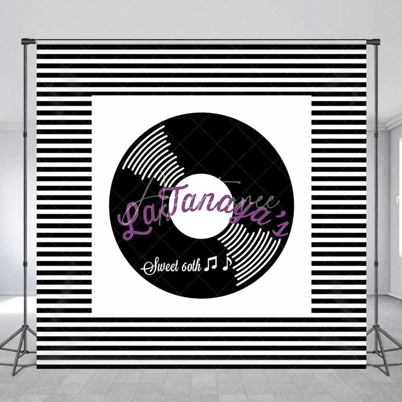 Aperturee - Aperturee Custom Birthday Backdrop Retro Vinyl Record Music Theme Black and White Stripes Personalized Party Background