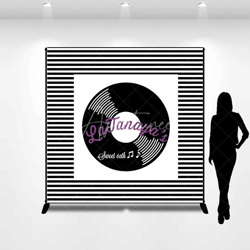 Aperturee - Aperturee Custom Birthday Backdrop Retro Vinyl Record Music Theme Black and White Stripes Personalized Party Background