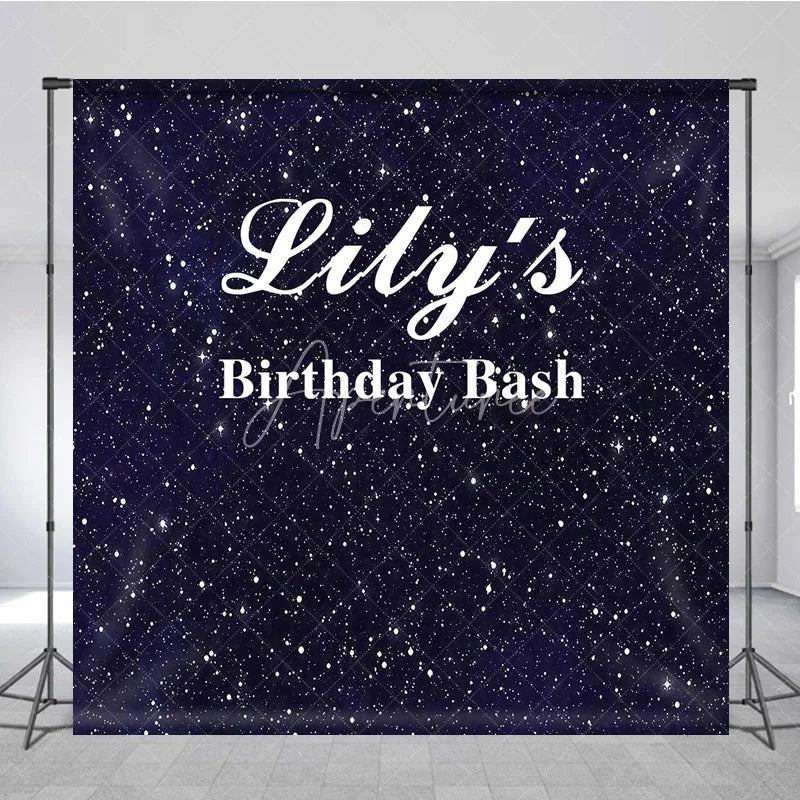 Aperturee - Aperturee Custom Birthday Backdrop Starry Night Navy Blue Gold Sparkle Sky Personalize Party