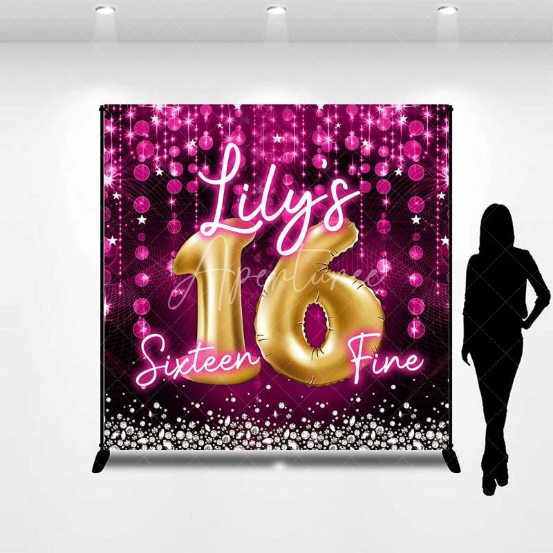 Aperturee - Aperturee Custom Birthday Backdrop Sweet 16 Pink Glitter Gold Balloons Personalized Name Decor