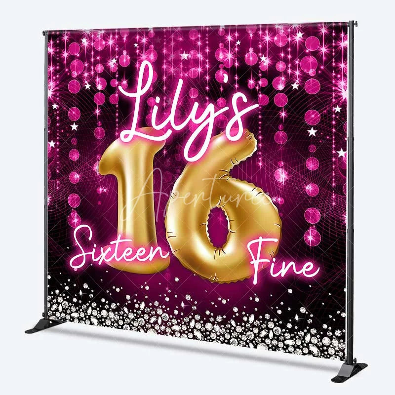 Aperturee - Aperturee Custom Birthday Backdrop Sweet 16 Pink Glitter Gold Balloons Personalized Name Decor