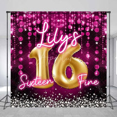 Aperturee - Aperturee Custom Birthday Backdrop Sweet 16 Pink Glitter Gold Balloons Personalized Name Decor