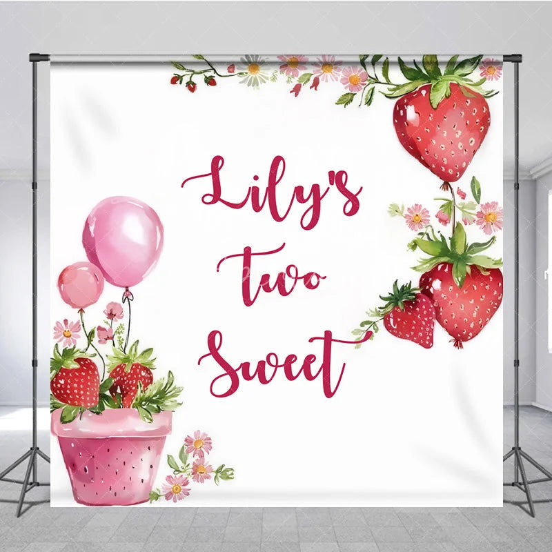 Aperturee - Aperturee Custom Birthday Backdrop Two Sweet Strawberry Pink Floral Red Fruit Party Decoration