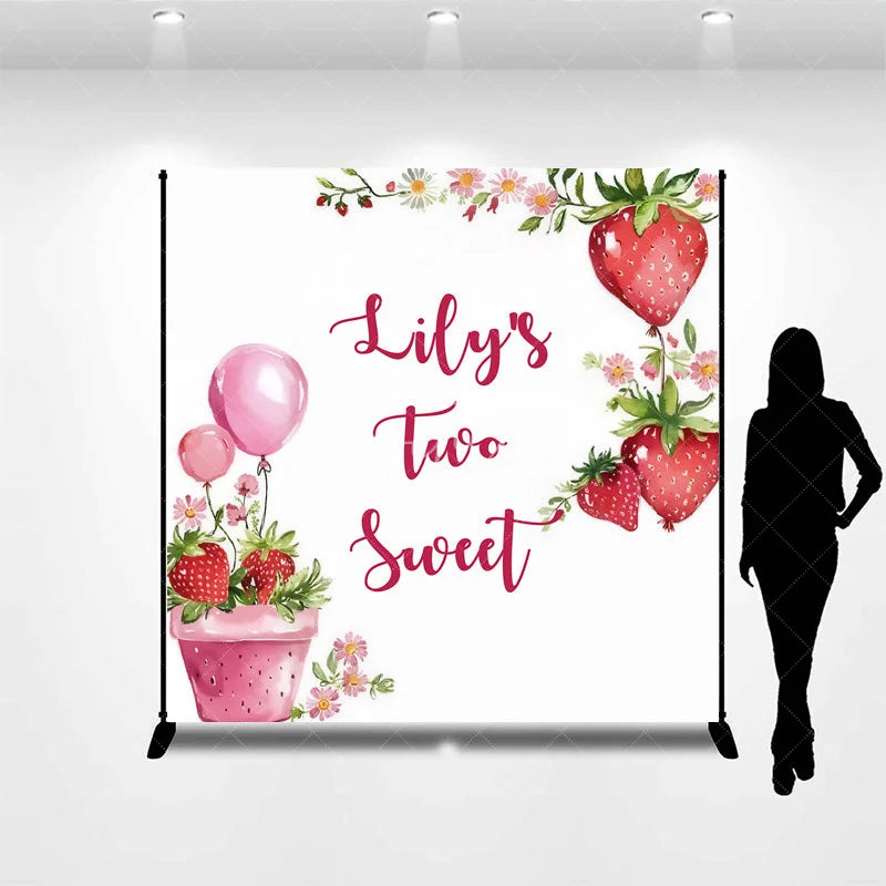 Aperturee - Aperturee Custom Birthday Backdrop Two Sweet Strawberry Pink Floral Red Fruit Party Decoration