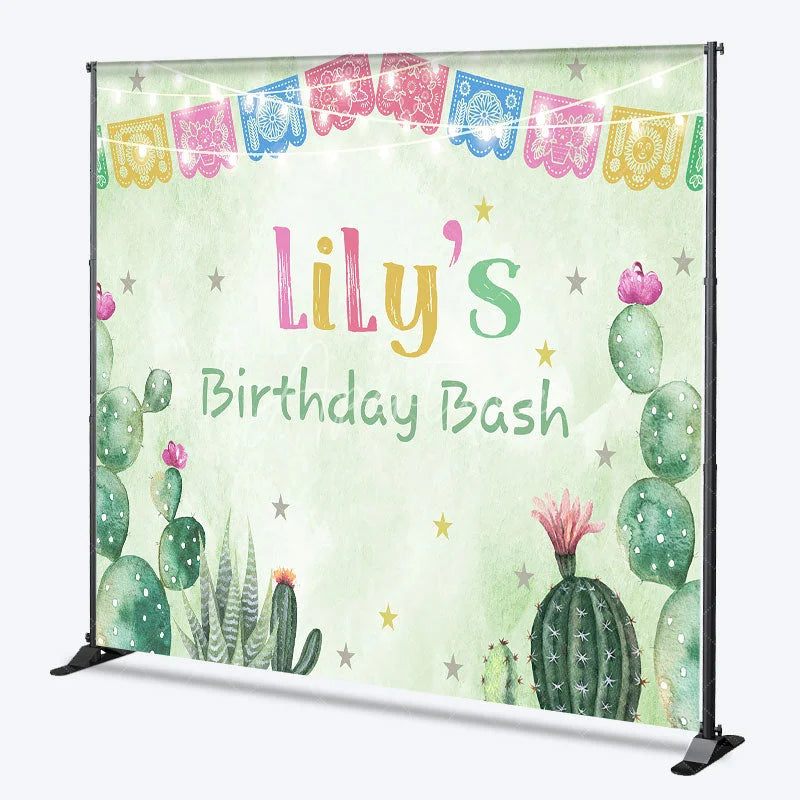 Aperturee - Aperturee Custom Birthday Backdrop with Colorful Papel Picado Banners Desert Cacti and Stars Theme for Party