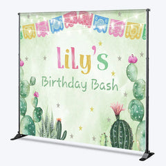 Aperturee - Aperturee Custom Birthday Backdrop with Colorful Papel Picado Banners Desert Cacti and Stars Theme for Party