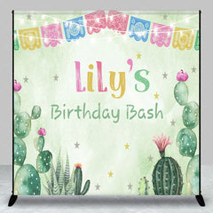 Aperturee - Aperturee Custom Birthday Backdrop with Colorful Papel Picado Banners Desert Cacti and Stars Theme for Party