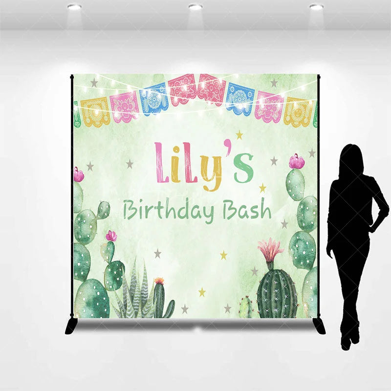 Aperturee - Aperturee Custom Birthday Backdrop with Colorful Papel Picado Banners Desert Cacti and Stars Theme for Party