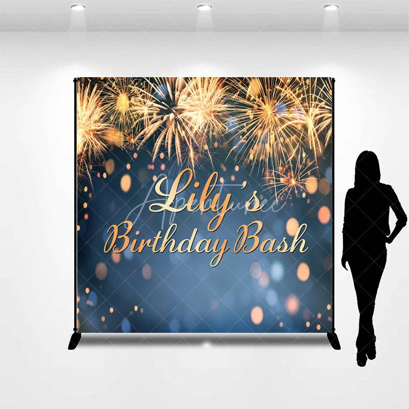 Aperturee - Aperturee Custom Birthday Backdrop with Golden Fireworks and Bokeh Lights Personalized Celebration Party Decor