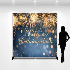 Aperturee - Aperturee Custom Birthday Backdrop with Golden Fireworks and Bokeh Lights Personalized Celebration Party Decor