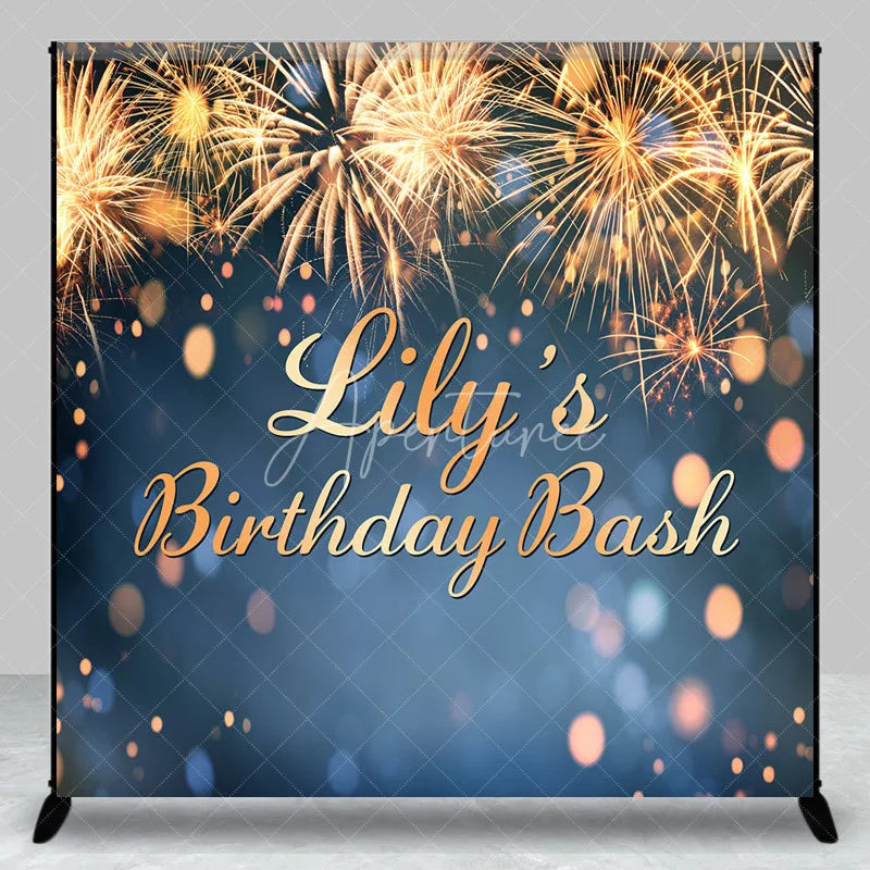 Aperturee - Aperturee Custom Birthday Backdrop with Golden Fireworks and Bokeh Lights Personalized Celebration Party Decor