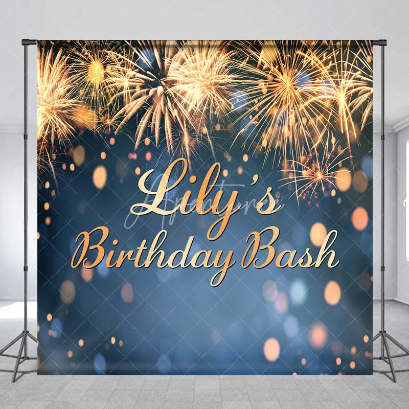 Aperturee - Aperturee Custom Birthday Backdrop with Golden Fireworks and Bokeh Lights Personalized Celebration Party Decor