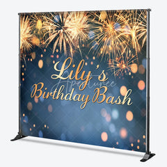 Aperturee - Aperturee Custom Birthday Backdrop with Golden Fireworks and Bokeh Lights Personalized Celebration Party Decor