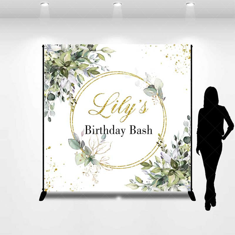 Aperturee Aperturee Custom Birthday Bash Backdrop Elegant Gold and Greenery Wreath Personalized Eucalyptus Leaves Photo Prop Decor