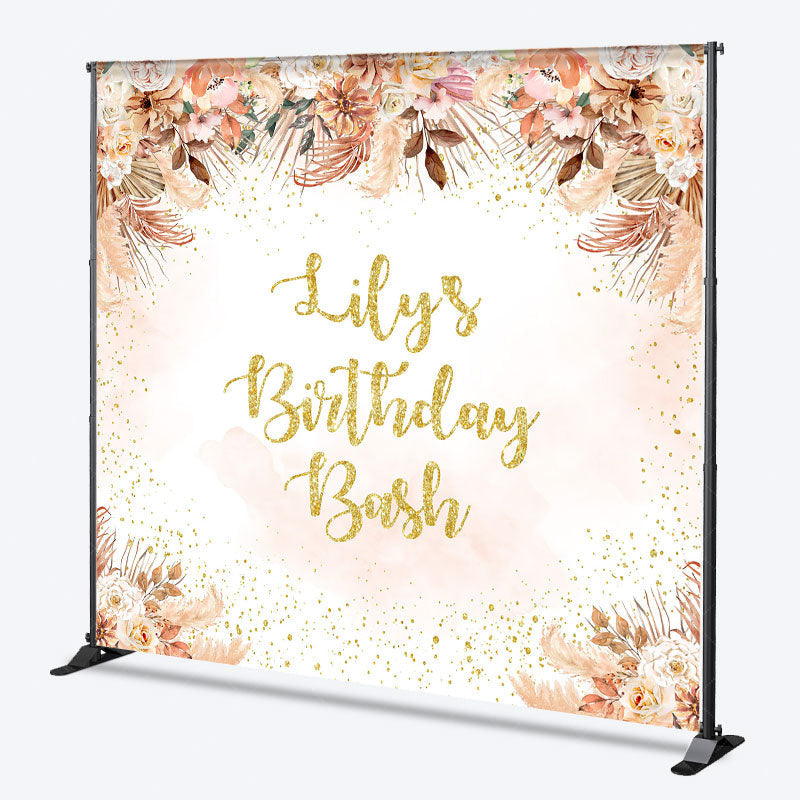 Aperturee Aperturee Custom Birthday Bash Backdrop for Her Boho Pampas Grass and Dried Flowers Personalized Gold Glitter Photo Prop