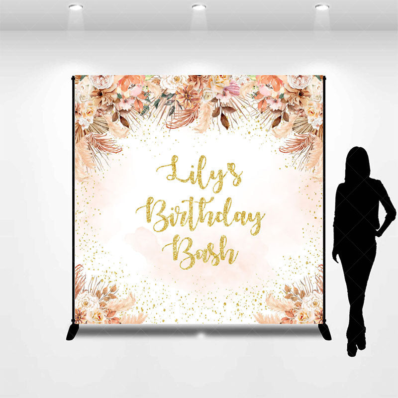 Aperturee Aperturee Custom Birthday Bash Backdrop for Her Boho Pampas Grass and Dried Flowers Personalized Gold Glitter Photo Prop