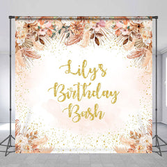 Aperturee Aperturee Custom Birthday Bash Backdrop for Her Boho Pampas Grass and Dried Flowers Personalized Gold Glitter Photo Prop