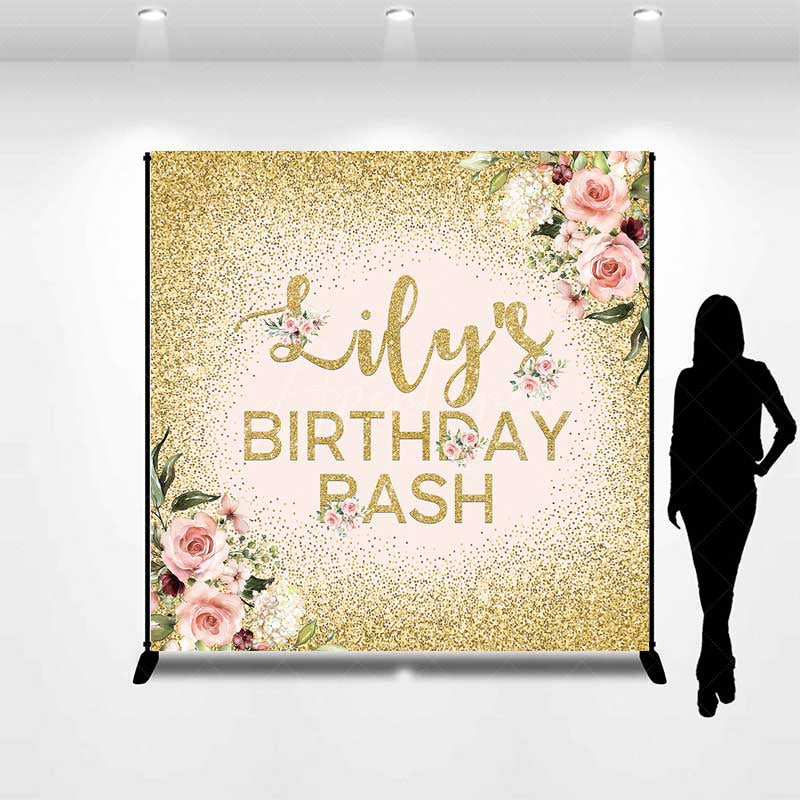 Aperturee Aperturee Custom Birthday Bash Backdrop for Her Elegant Pink and Gold Glitter Floral Personalized Welcome Party Photo Prop