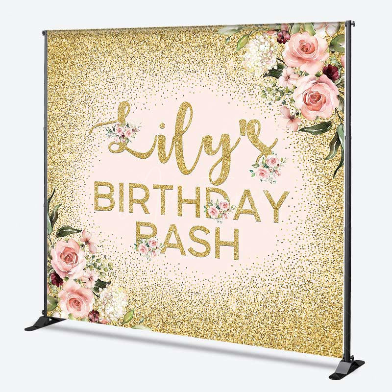 Aperturee Aperturee Custom Birthday Bash Backdrop for Her Elegant Pink and Gold Glitter Floral Personalized Welcome Party Photo Prop
