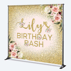 Aperturee Aperturee Custom Birthday Bash Backdrop for Her Elegant Pink and Gold Glitter Floral Personalized Welcome Party Photo Prop