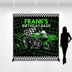 Aperturee Aperturee Custom Birthday Bash Backdrop for Him Green Racing Motorcycle and Checkered Flag Biker Themed Party Decor