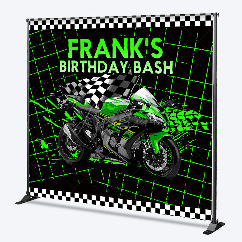 Aperturee Aperturee Custom Birthday Bash Backdrop for Him Green Racing Motorcycle and Checkered Flag Biker Themed Party Decor