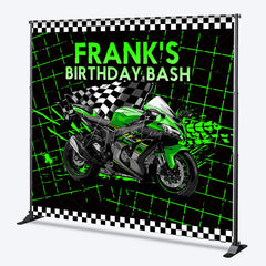 Aperturee Aperturee Custom Birthday Bash Backdrop for Him Green Racing Motorcycle and Checkered Flag Biker Themed Party Decor