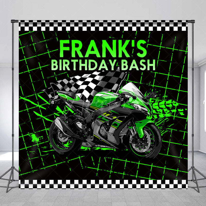Aperturee Aperturee Custom Birthday Bash Backdrop for Him Green Racing Motorcycle and Checkered Flag Biker Themed Party Decor