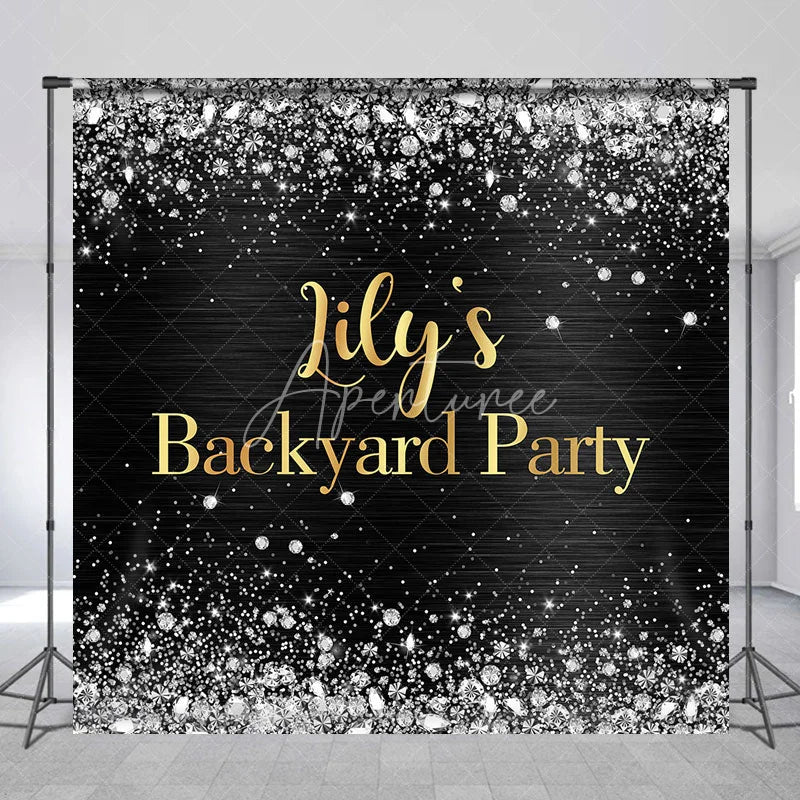 Aperturee - Aperturee Custom Black and Gold Backyard Party Backdrop Elegant Silver Glitter and Diamond Sparkle Decor