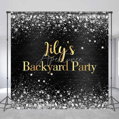 Aperturee - Aperturee Custom Black and Gold Backyard Party Backdrop Elegant Silver Glitter and Diamond Sparkle Decor