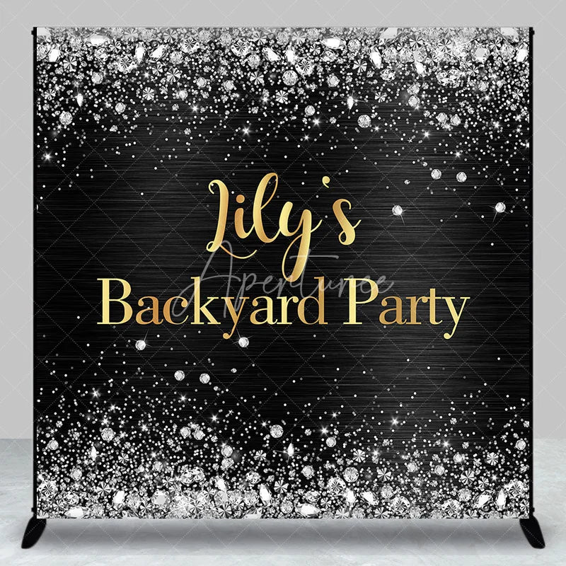 Aperturee - Aperturee Custom Black and Gold Backyard Party Backdrop Elegant Silver Glitter and Diamond Sparkle Decor