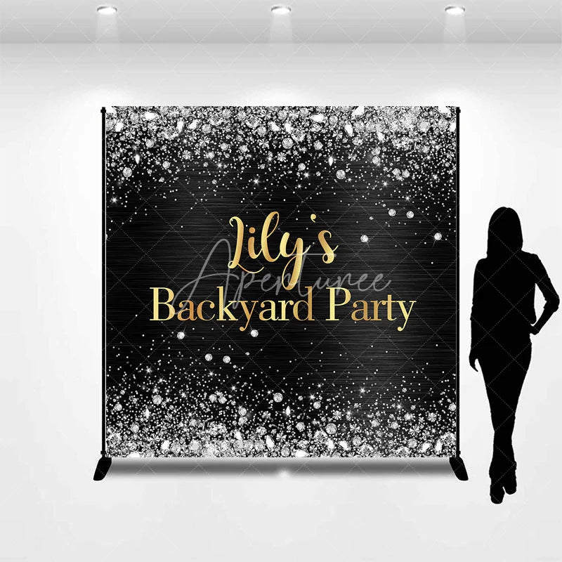 Aperturee - Aperturee Custom Black and Gold Backyard Party Backdrop Elegant Silver Glitter and Diamond Sparkle Decor