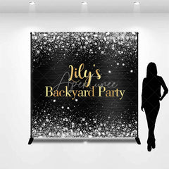 Aperturee - Aperturee Custom Black and Gold Backyard Party Backdrop Elegant Silver Glitter and Diamond Sparkle Decor