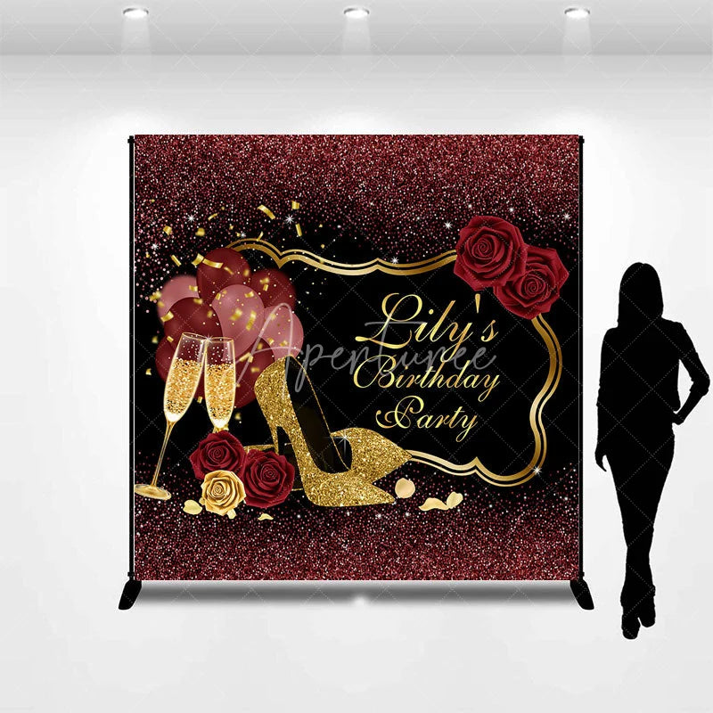 Aperturee - Aperturee Custom Black and Gold Glitter Birthday Party Backdrop with Elegant High Heels Champagne and Roses