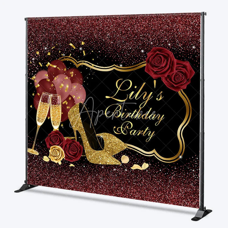 Aperturee - Aperturee Custom Black and Gold Glitter Birthday Party Backdrop with Elegant High Heels Champagne and Roses