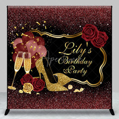 Aperturee - Aperturee Custom Black and Gold Glitter Birthday Party Backdrop with Elegant High Heels Champagne and Roses