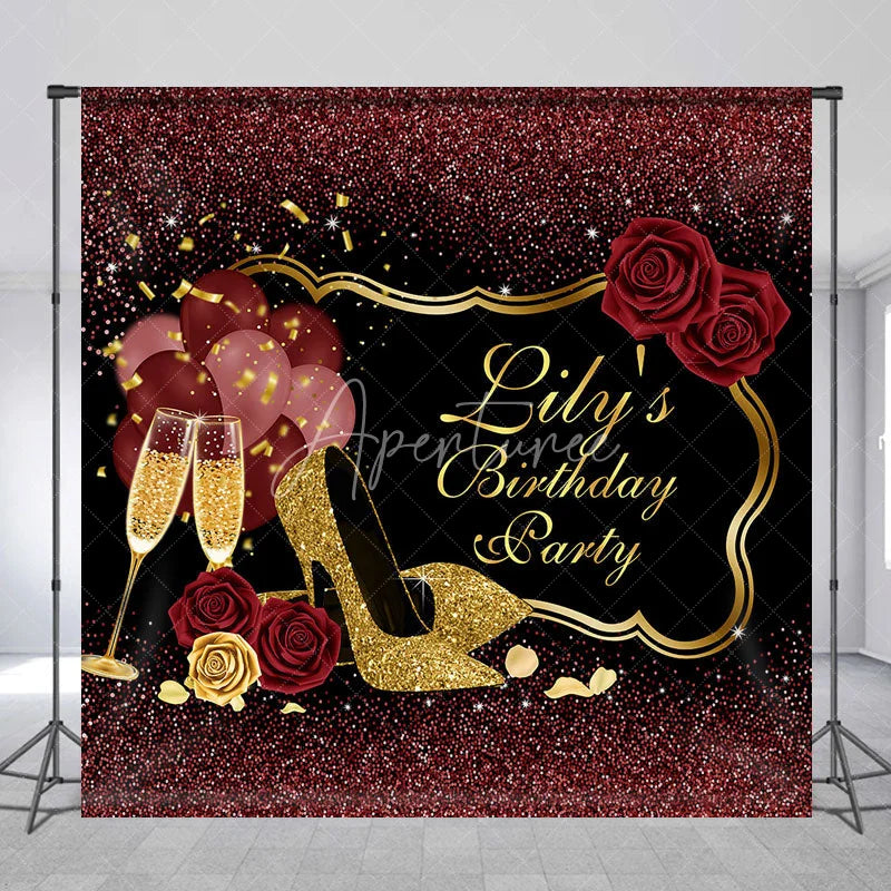 Aperturee - Aperturee Custom Black and Gold Glitter Birthday Party Backdrop with Elegant High Heels Champagne and Roses