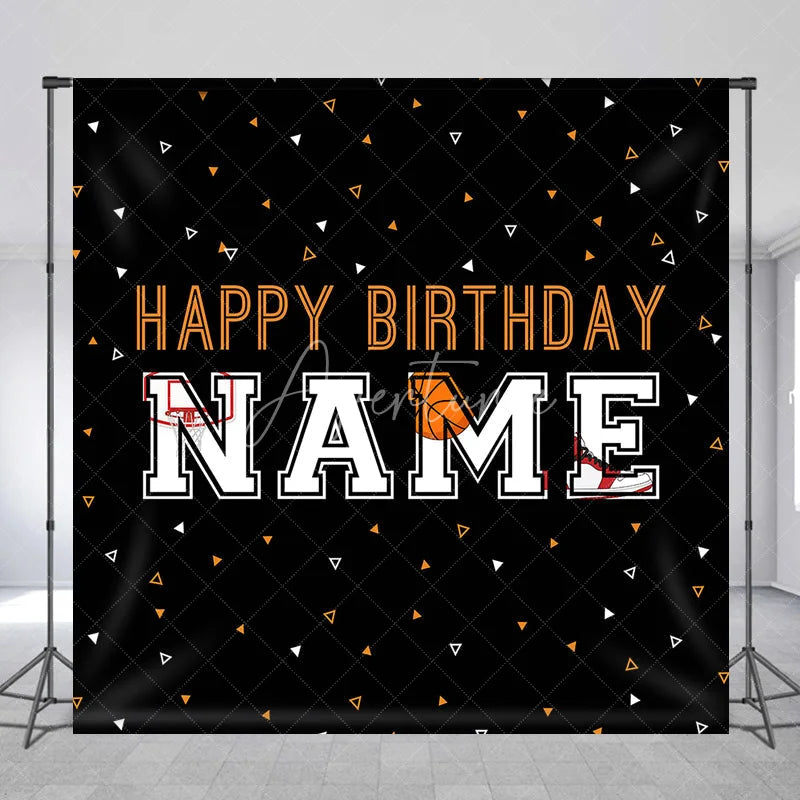 Aperturee - Aperturee Custom Black and Orange Basketball Birthday Backdrop featuring Hoop and Shoe Personalized Sports Party Decor