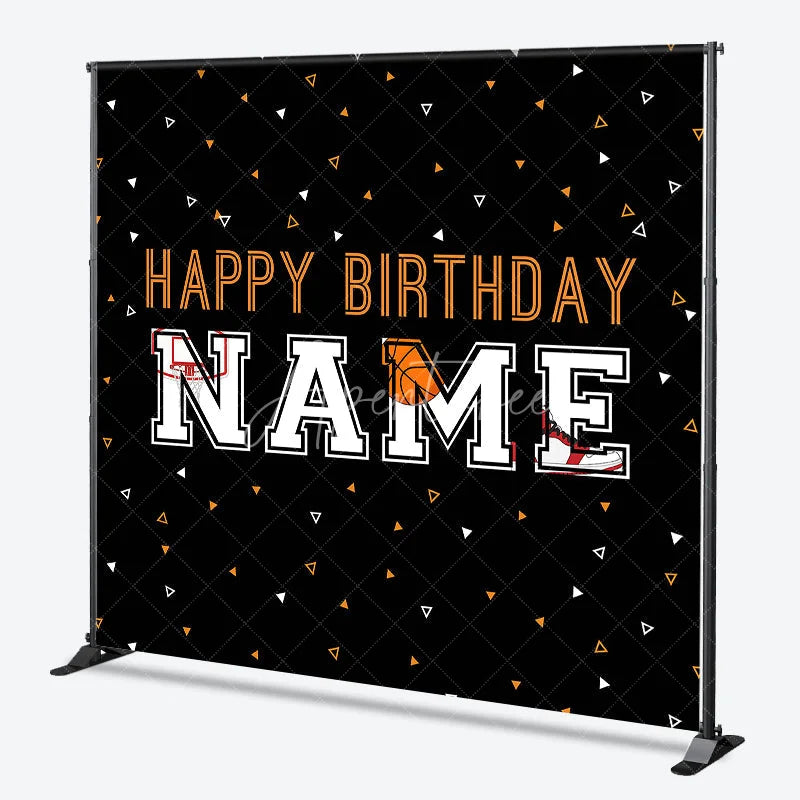 Aperturee - Aperturee Custom Black and Orange Basketball Birthday Backdrop featuring Hoop and Shoe Personalized Sports Party Decor