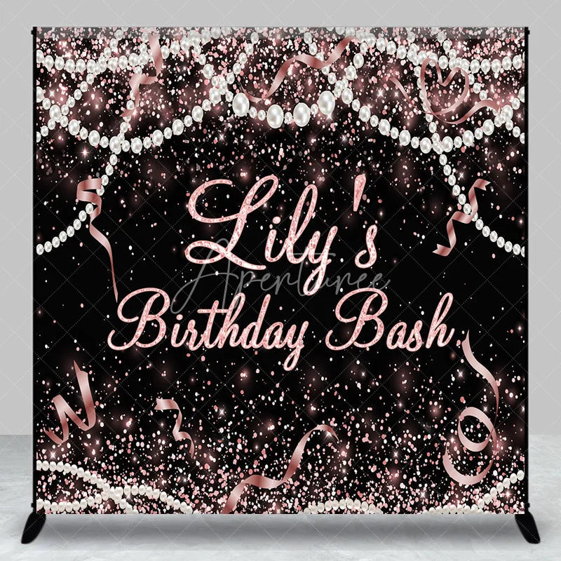 Aperturee - Aperturee Custom Black and Rose Gold Glitter Birthday Backdrop with Pearls and Ribbons Personalized Party Decor