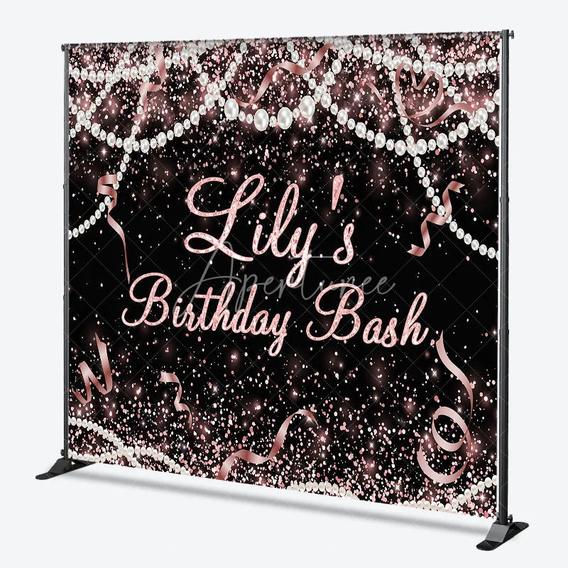 Aperturee - Aperturee Custom Black and Rose Gold Glitter Birthday Backdrop with Pearls and Ribbons Personalized Party Decor