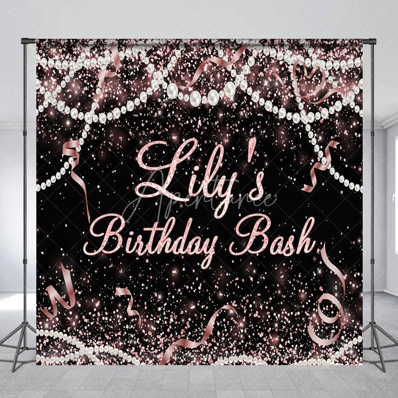 Aperturee - Aperturee Custom Black and Rose Gold Glitter Birthday Backdrop with Pearls and Ribbons Personalized Party Decor