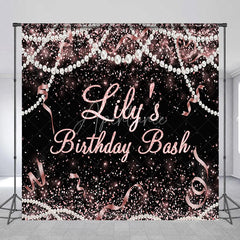 Aperturee - Aperturee Custom Black and Rose Gold Glitter Birthday Backdrop with Pearls and Ribbons Personalized Party Decor