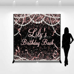 Aperturee - Aperturee Custom Black and Rose Gold Glitter Birthday Backdrop with Pearls and Ribbons Personalized Party Decor