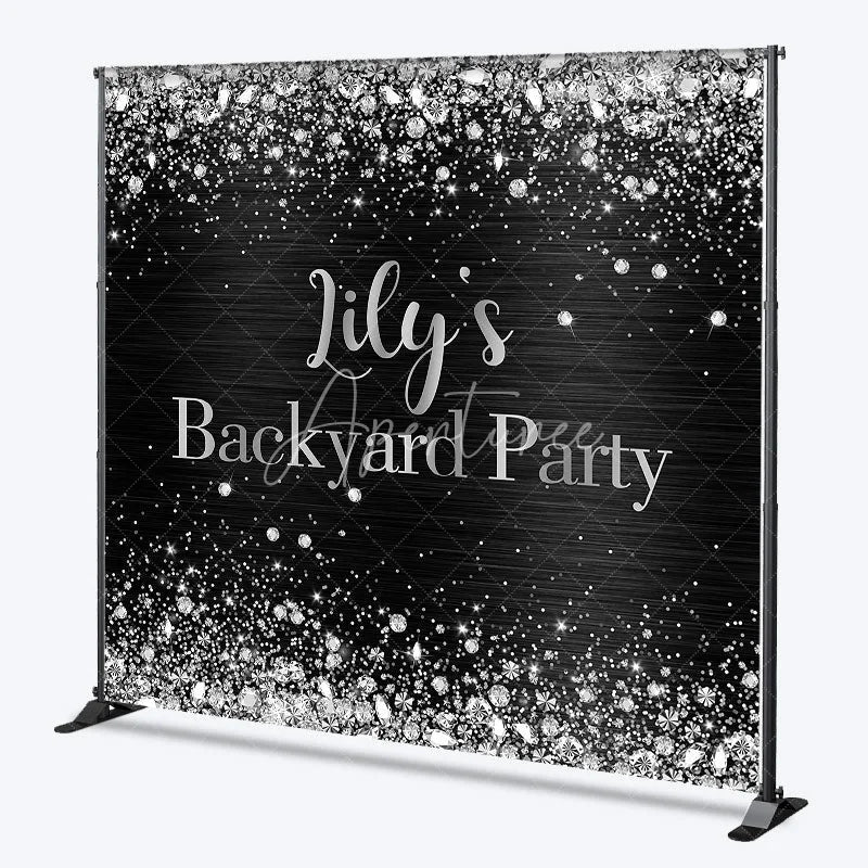 Aperturee - Aperturee Custom Black and Silver Glitter Backyard Party Backdrop Personalized Diamond Confetti Celebration Decor