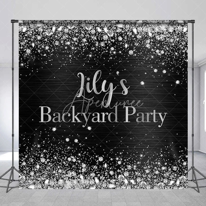 Aperturee - Aperturee Custom Black and Silver Glitter Backyard Party Backdrop Personalized Diamond Confetti Celebration Decor